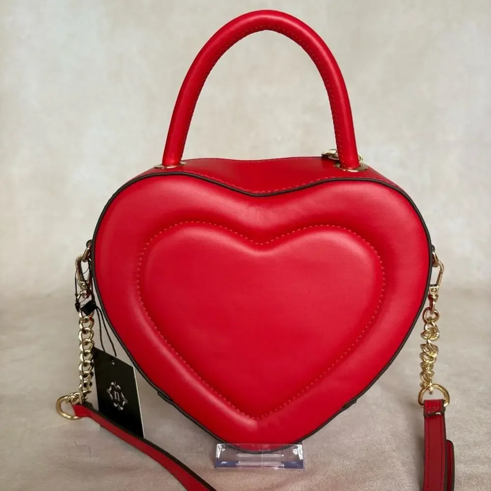 Nanette Lepore Cupid Heart Shaped Red Crossbody Bag Top Handle Purse Gold Chain
